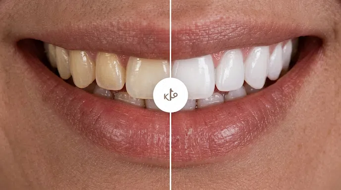Antes e depois do tratamento de odontologia estética de facetas de resina.