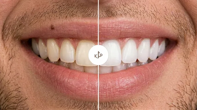 Antes e depois do tratamento de odontologia estética de facetas de resina.