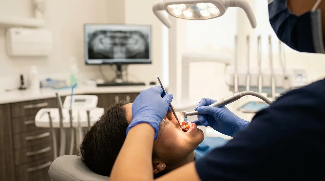 Limpeza dental profilaxia feita no consultório do dentista em Ribeirão Preto.